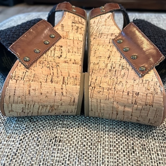 CROWN VINTAGE DOUBLE TROUBLE WEDGE SANDAL SHOES size 8.5 EUC wedges black brown - Picture 6 of 13
